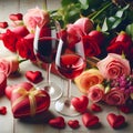 Valentines day background with red roses, gift box and two glasses of champagne Royalty Free Stock Photo